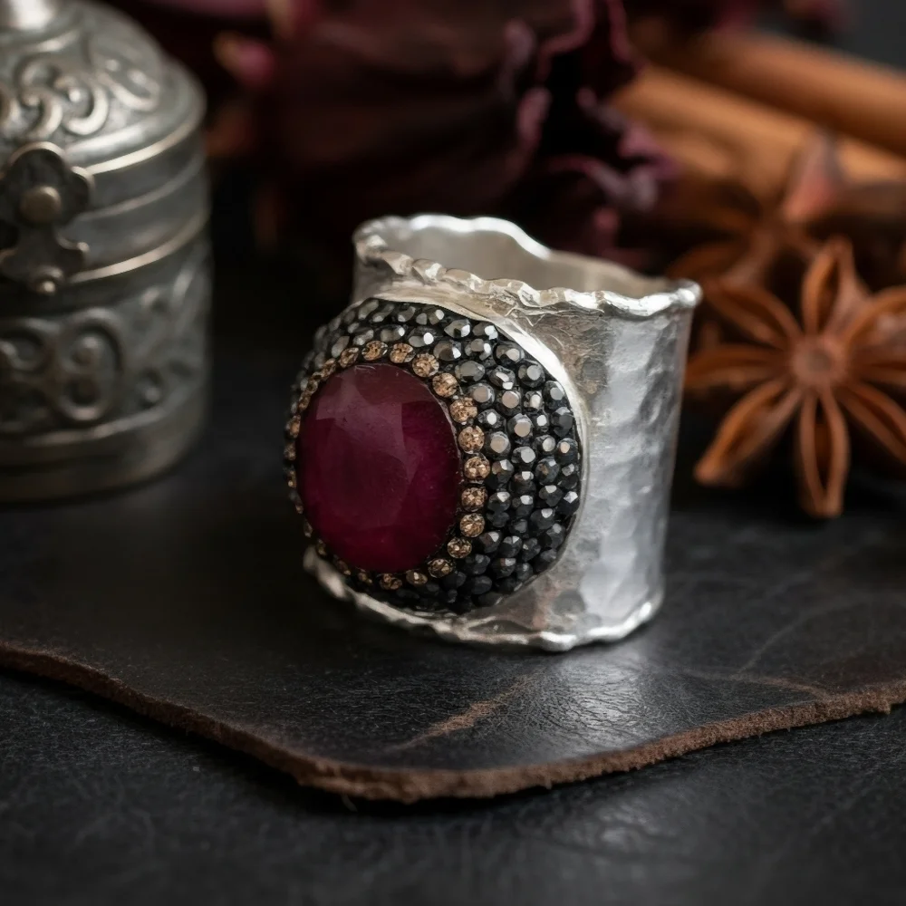 Boho Glam Ruby Gemstone Adjustable Turkish Handmade Wide Silver-Plated Ring